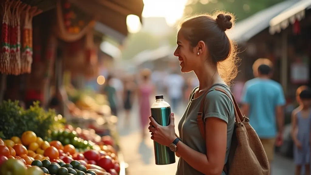 Traveler using reusable items at a market