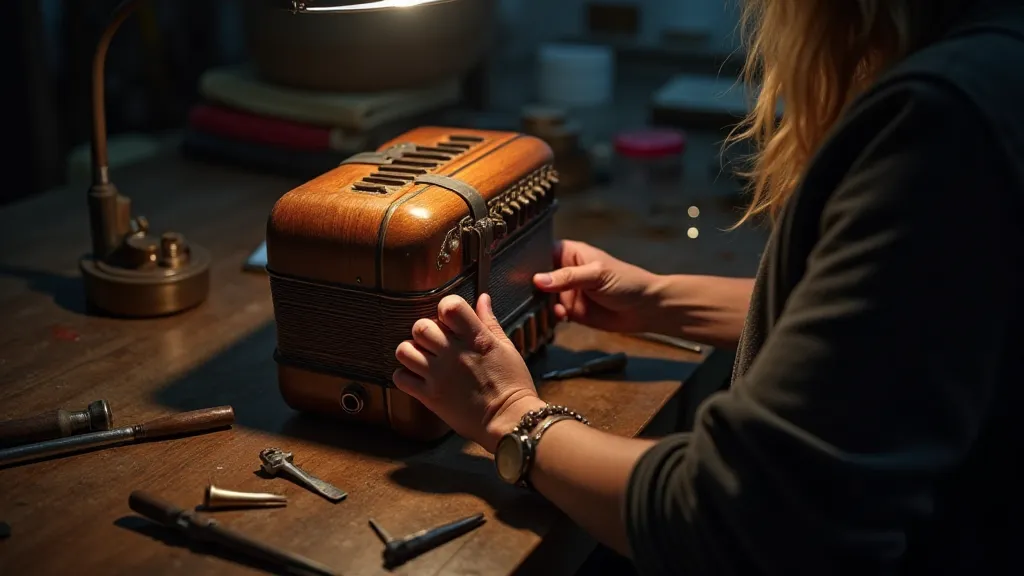 Person repairing an antique accordion in a workshop
