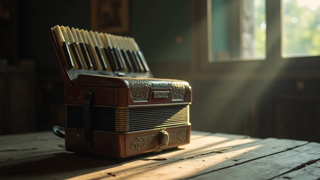 Vintage accordion on a wooden table