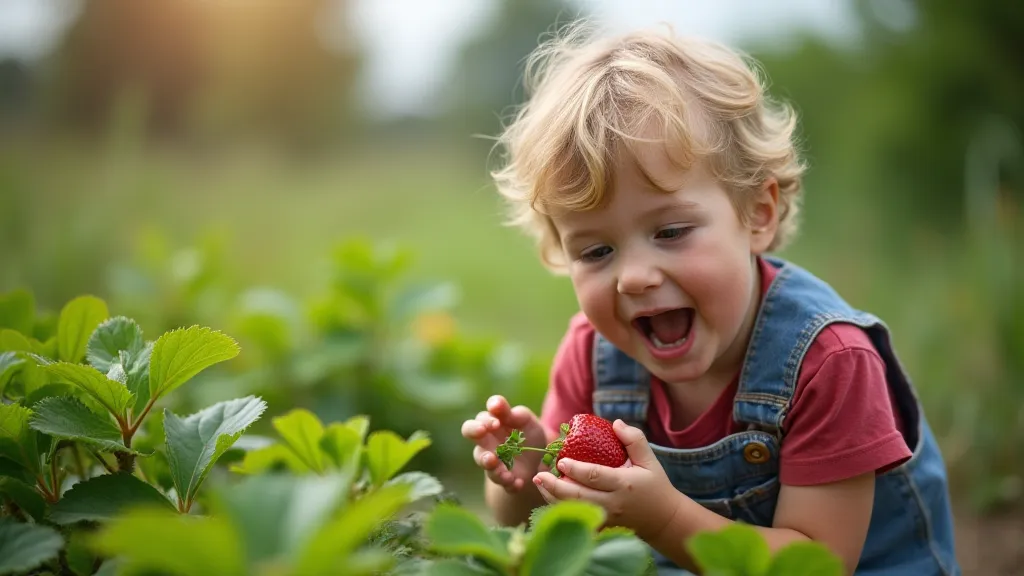 Child picking strawberry