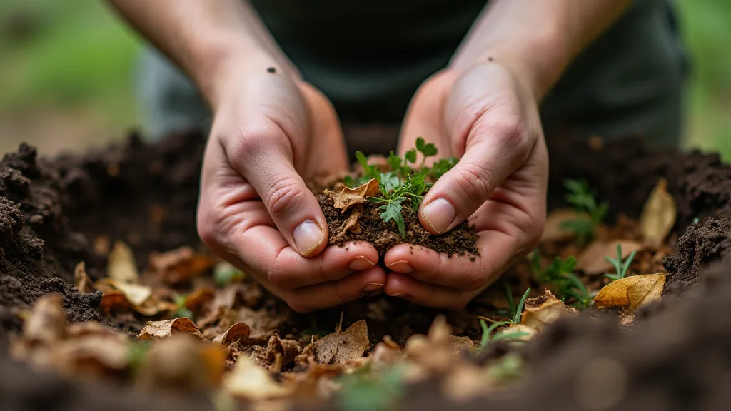 Hands adding layers to a compost bin