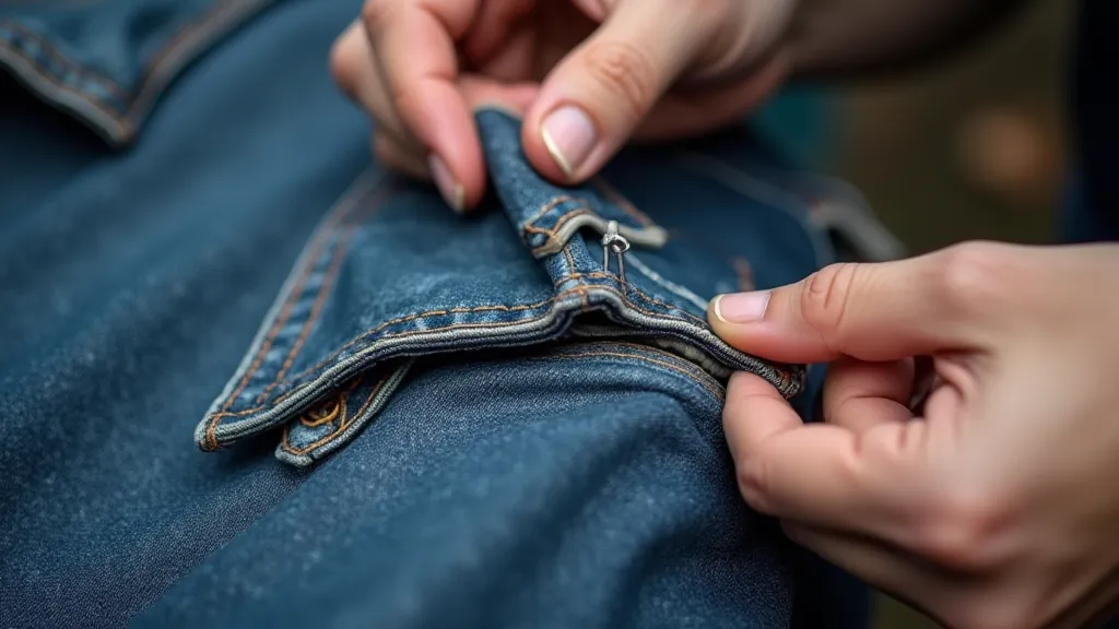 Person mending a denim jacket