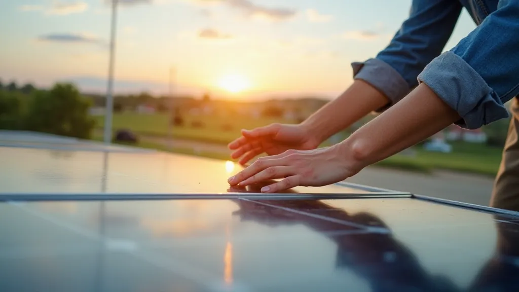 Hands installing solar panels on a rooftop