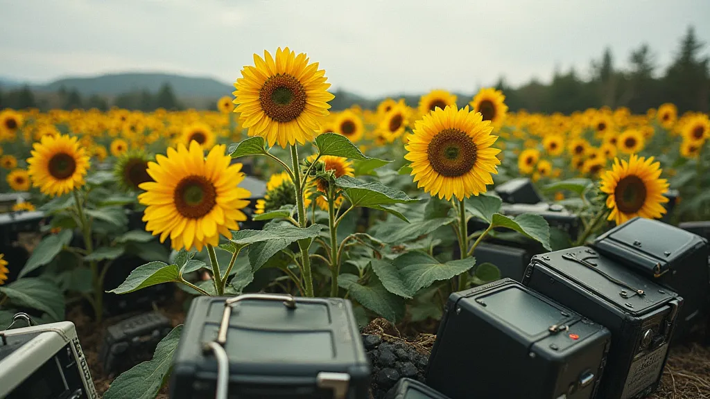 Sunflowers growing among discarded electronics