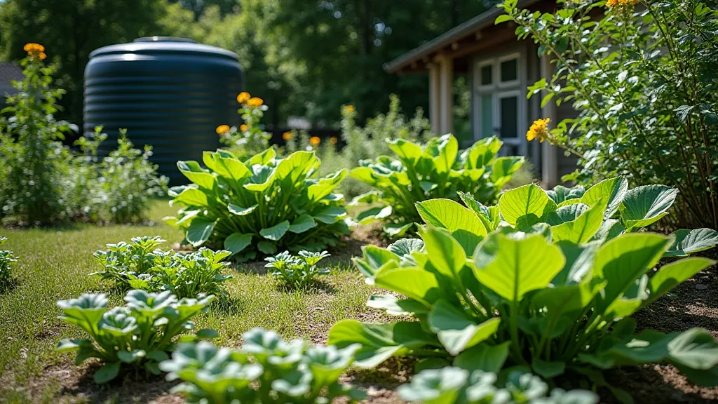 Xeriscaped garden with rainwater barrel